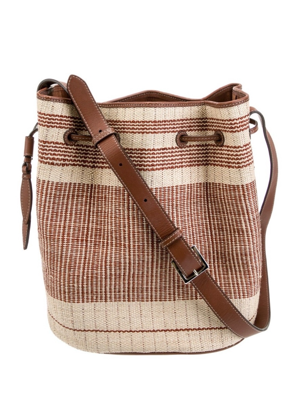 Hunting Season Woven Brown & Cream Striped Crossbody Leather & Straw Bucket Bag